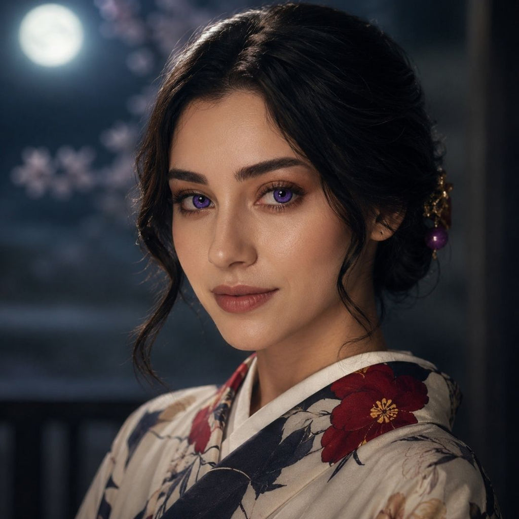 Woman cosplay as tamayo demon slayer wearing a floral kimono with a blurred background
