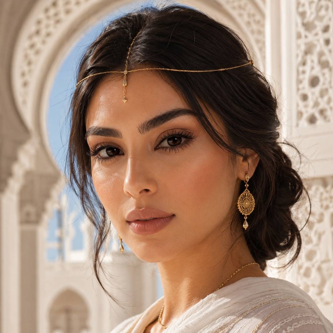 Woman with a low braided updo and delicate gold jewelry poses beneath carved white arches in natural daylight. Elegance black contact lenses bring subtle definition to her eyes and pair with the graceful traditional styling.