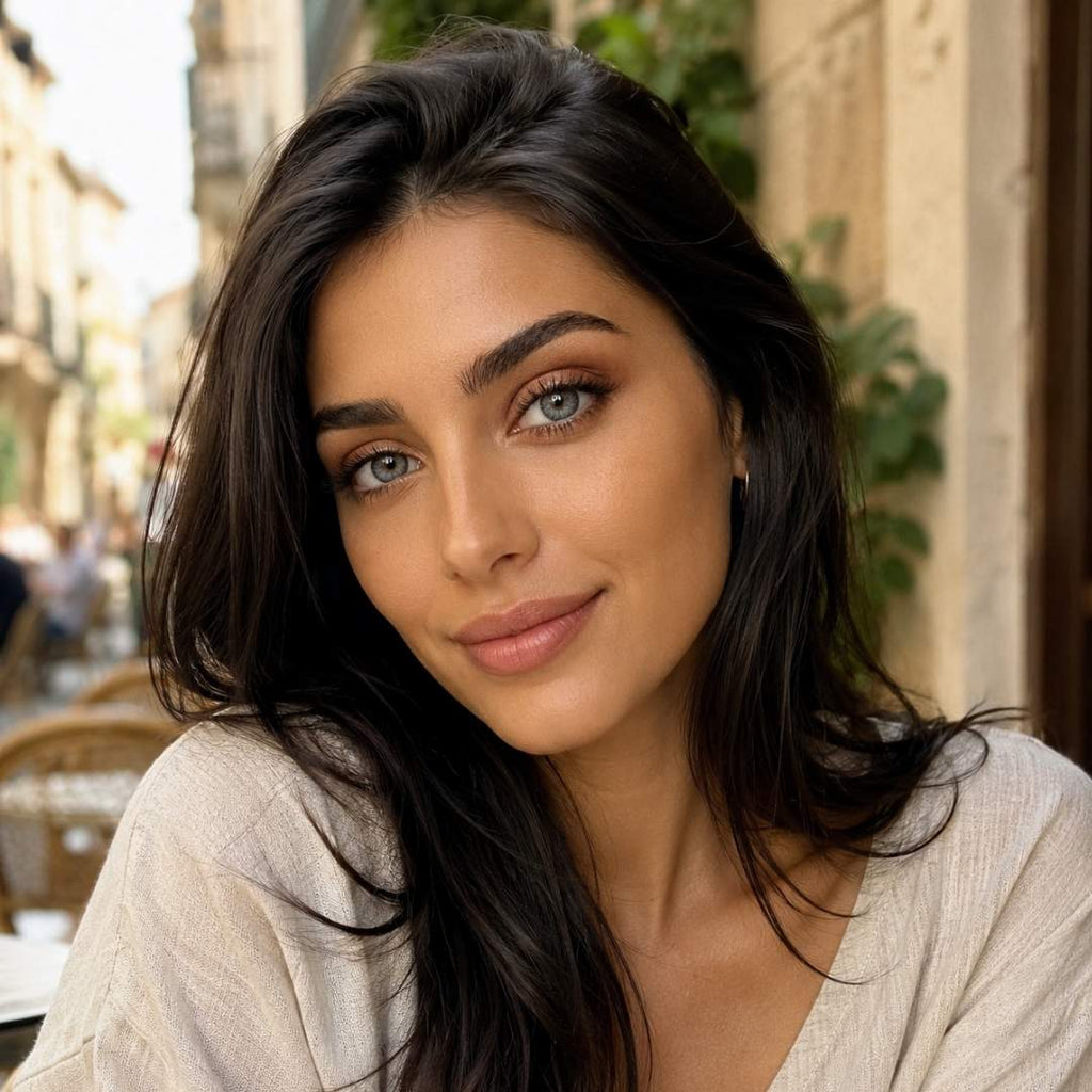 Woman with dark hair and green eyes sitting outdoors in a city setting
