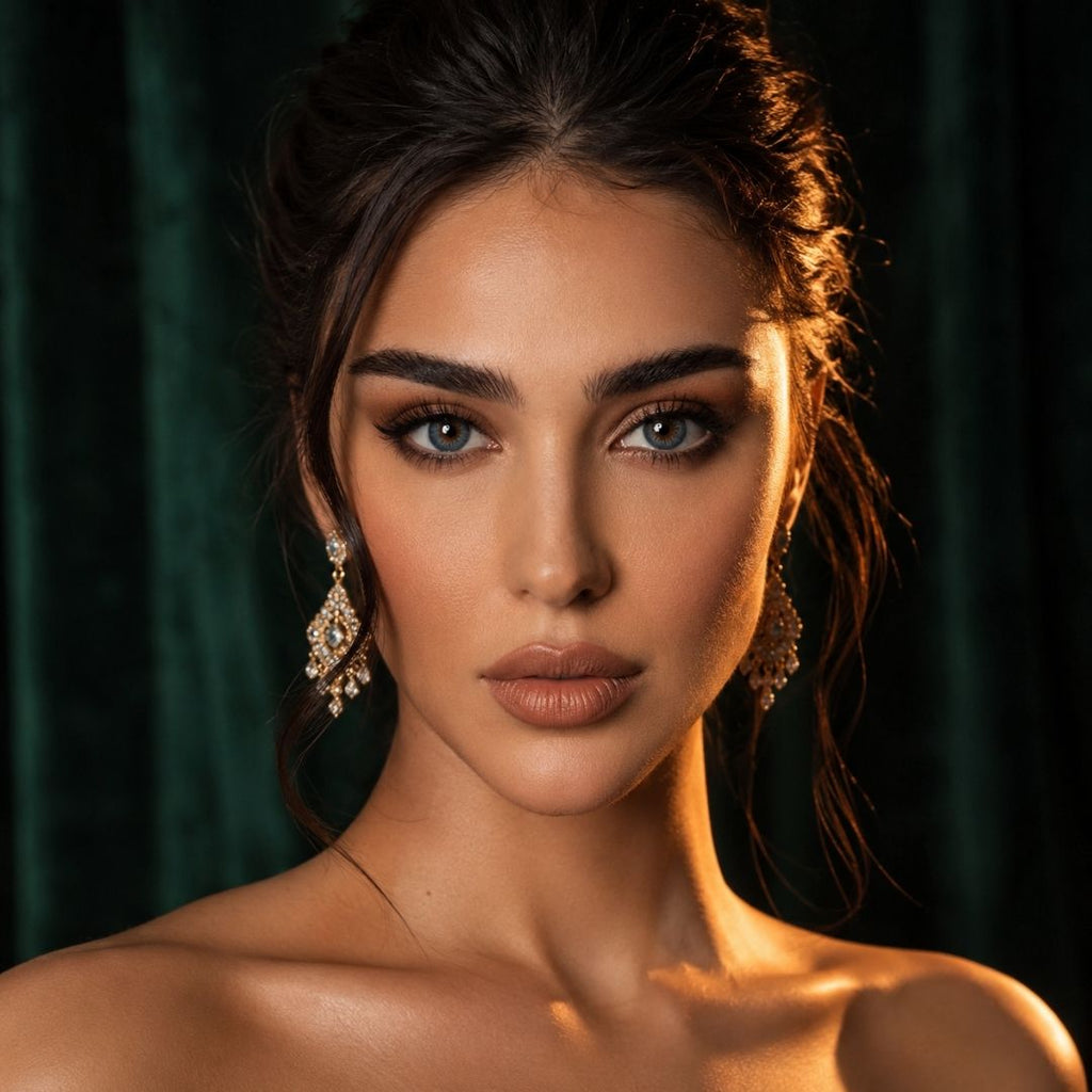 Close up portrait of a woman with an elegant updo and mesmerizing gray contact lenses against a dark background. She wears sparkling drop earrings and soft glam makeup with warm lighting highlighting her features.