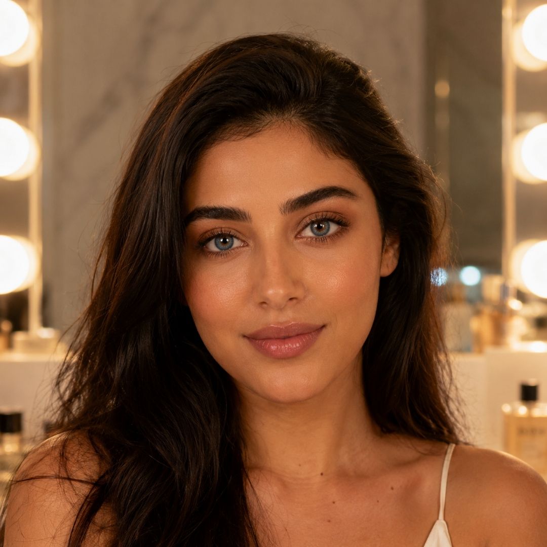 Front facing portrait of a woman with dark hair and soft gray color contacts standing in front of a vanity mirror with glowing lights. She wears a light camisole and natural makeup with beauty products softly blurred in the background.