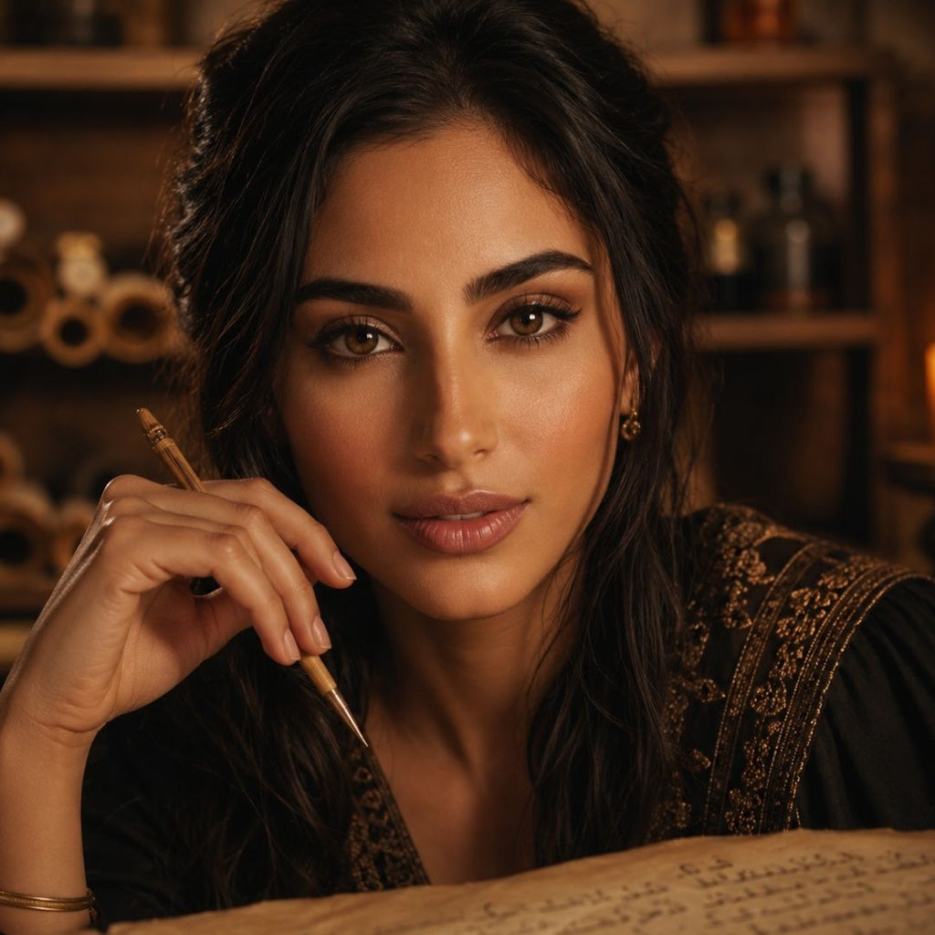 A classy Middle Eastern female scholar holding a traditional pen over an ancient scroll, featuring defined eyebrows and natural brown eyes.