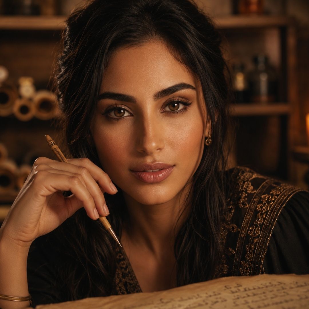 A classy Middle Eastern female scholar holding a traditional pen over an ancient scroll, featuring defined eyebrows and natural brown eyes.