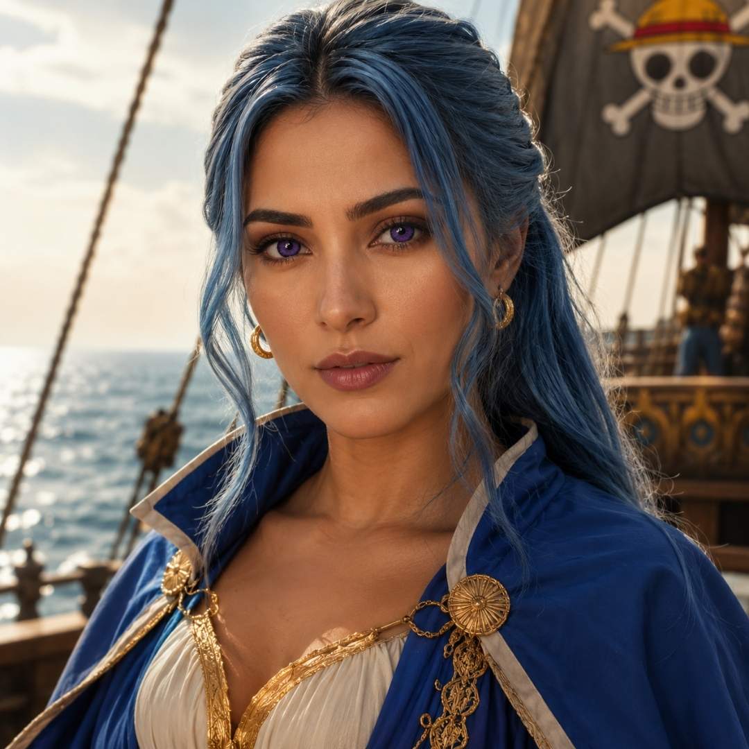 Woman cosplay as Vivi One Piece with blue hair purple eye and pirate attire on a ship