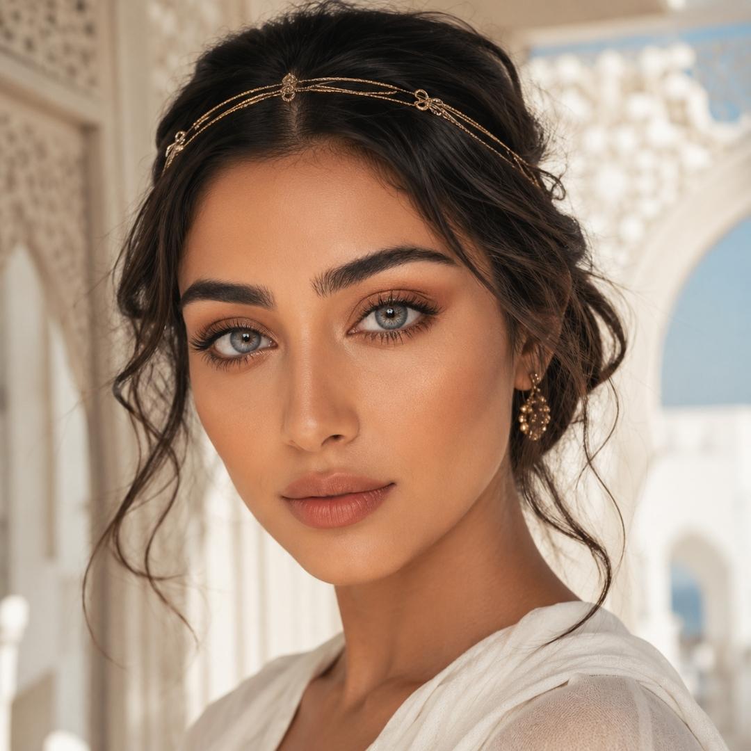 Woman with dark hair styled in a loose updo and mesmerizing gray contact lenses stands in a bright architectural setting with soft neutral tones. She wears a delicate gold headpiece and white flowing clothing that adds to the refined look.