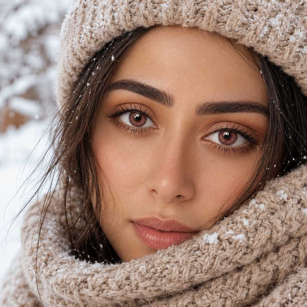 A close-up portrait of a woman smiling warmly, wearing a beige cable-knit beanie and a thick matching scarf. Tiny snowflakes are scattered over the knit fabric and her dark hair. The image is taken in a snow-covered outdoor setting with a soft, blurred background, highlighting her bright smile and the cozy winter clothing