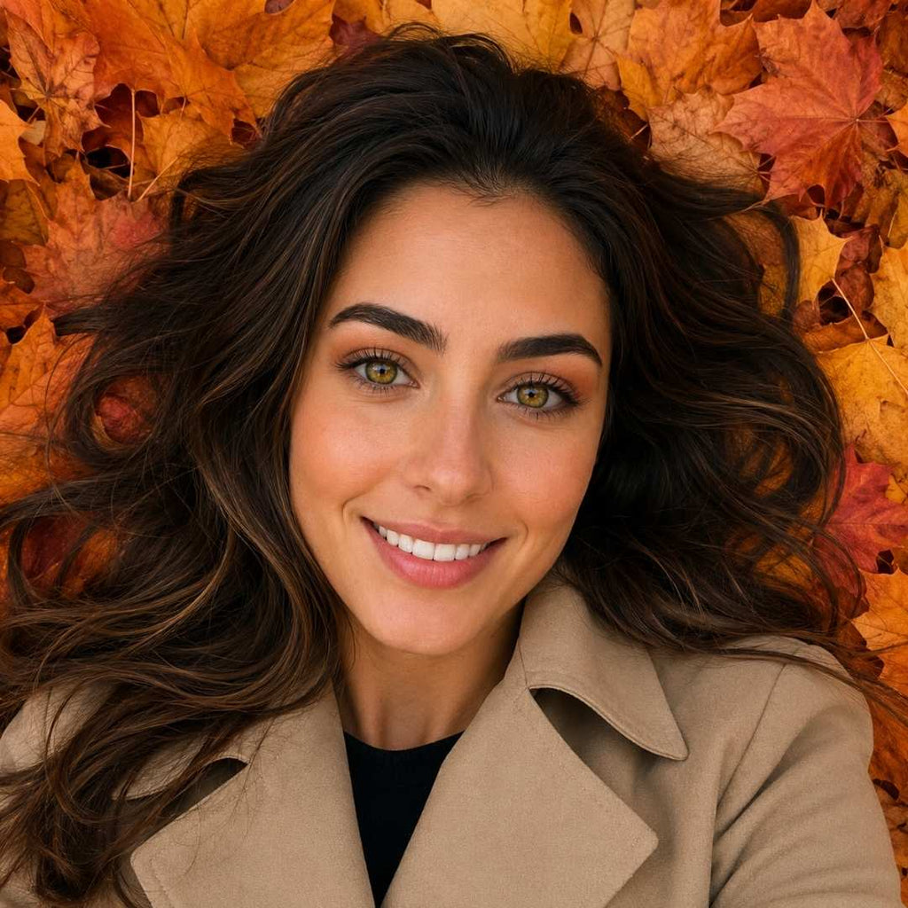 Woman lying among autumn leaves wearing a beige coat