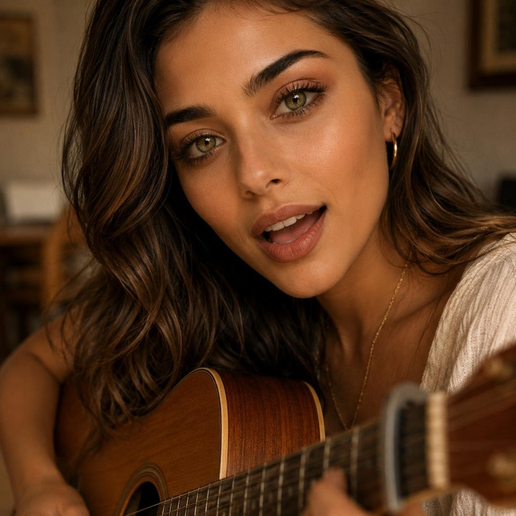 Woman playing an acoustic guitar and singing with a warm indoor setting