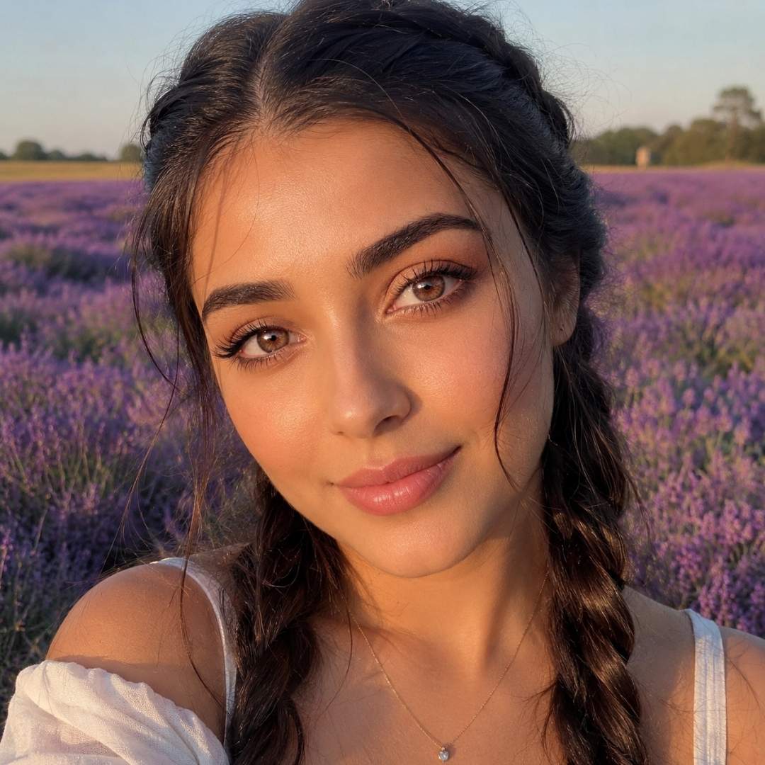 A natural daylight portrait of a woman with her hair in twin French braids, standing amidst a vibrant field of blooming purple lavender. The warm, golden hour light of late afternoon illuminates her face as she smiles gently. The background shows rows of lavender stretching to the horizon under a clear, warm sky