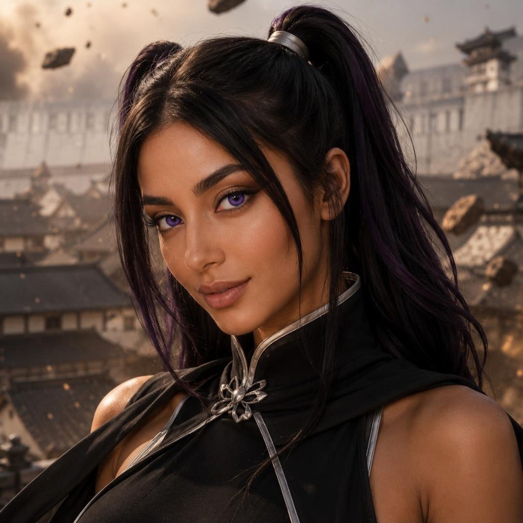 Woman cosplay as yoruichi with dark hair styled in pigtails against a backdrop of traditional architecture.